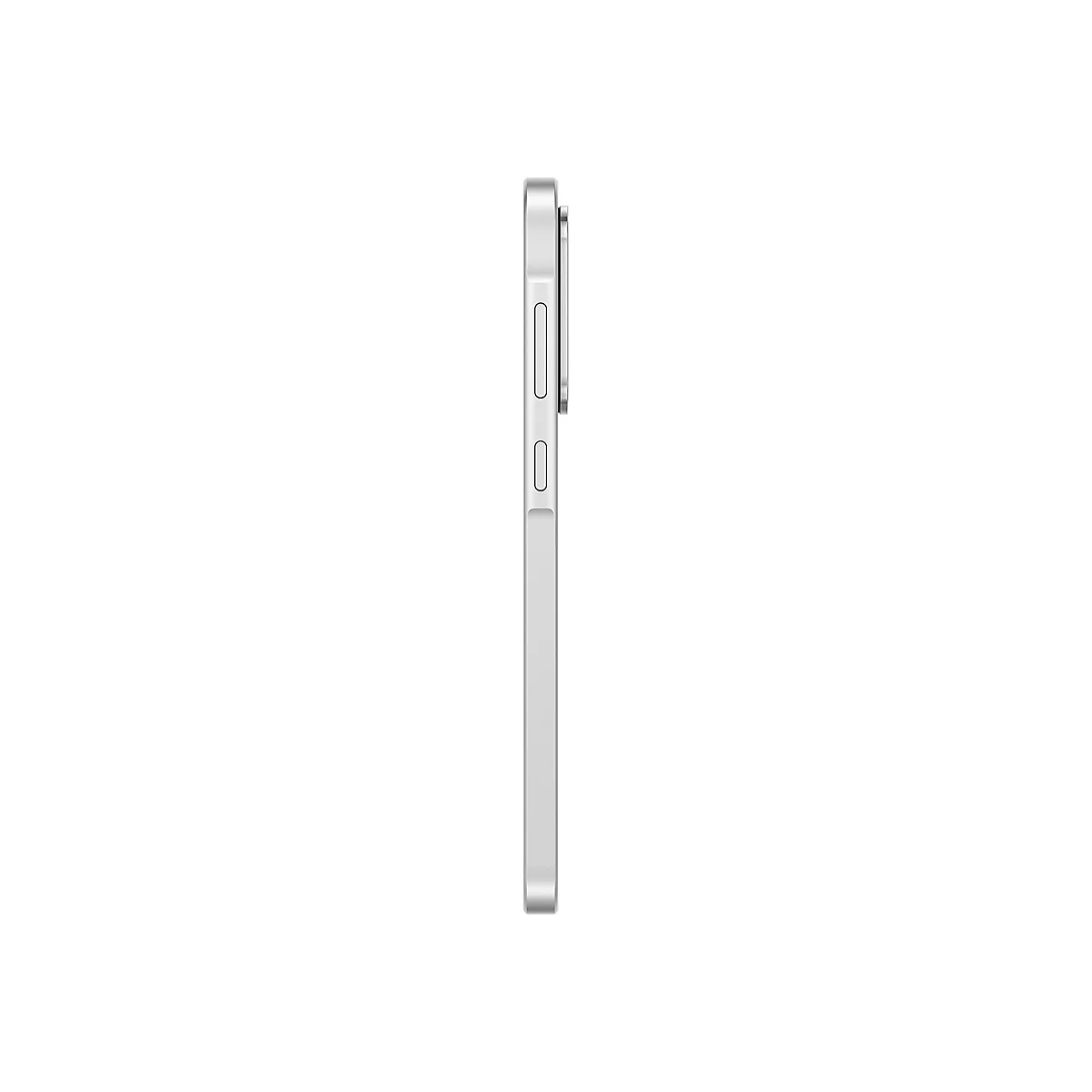 Das Smartphone in hellem Silber von der Seite gesehen. Knöpfe und Kamera sind zu erkennen.