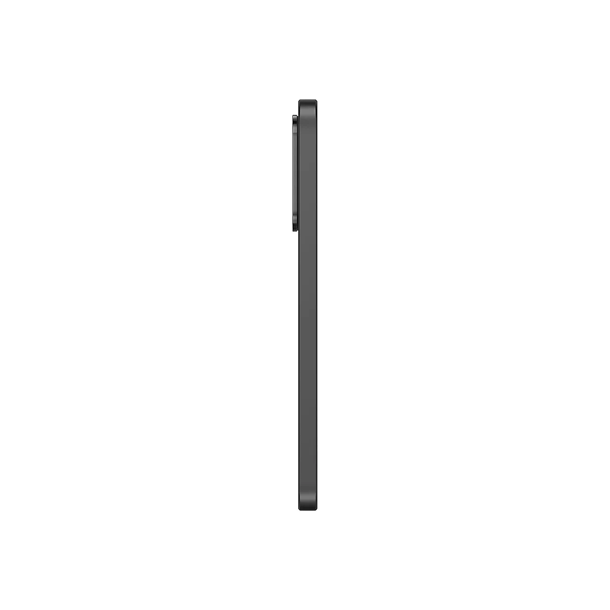 Dunkelgraues Tablet, Seitenansicht auf weißem Hintergrund. Das Tablet hat eine erhabene Kameramodul.