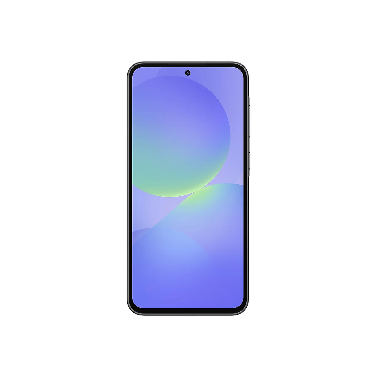 Ein Smartphone mit schwarzem Rahmen, das Display zeigt blaue, grüne und gelbe Kreise auf weißem Hintergrund.