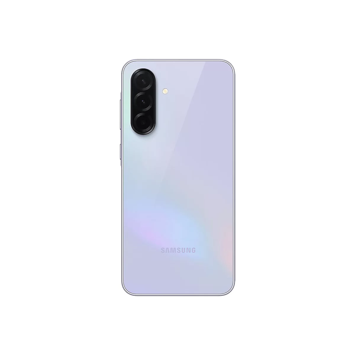 Rückseite eines violett-weißen Smartphones, drei Kameras, Logo.
