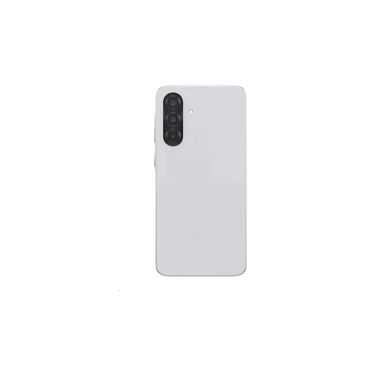 Rückansicht eines weißen Smartphones mit drei Kameras und dem Samsung-Logo.