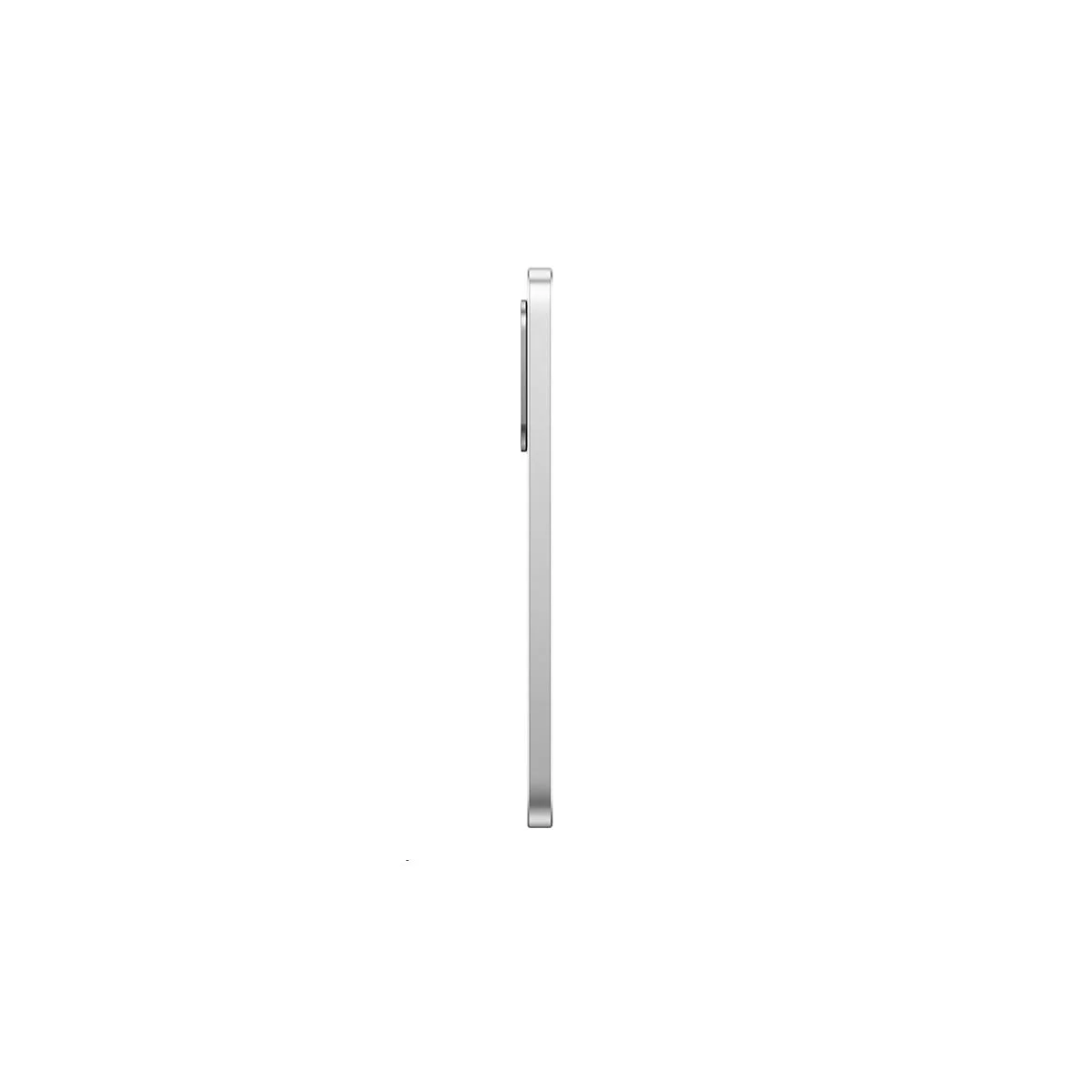 Silberfarbenes Smartphone von der Seite, links ist die Kamera erkennbar, vor weißem Hintergrund.