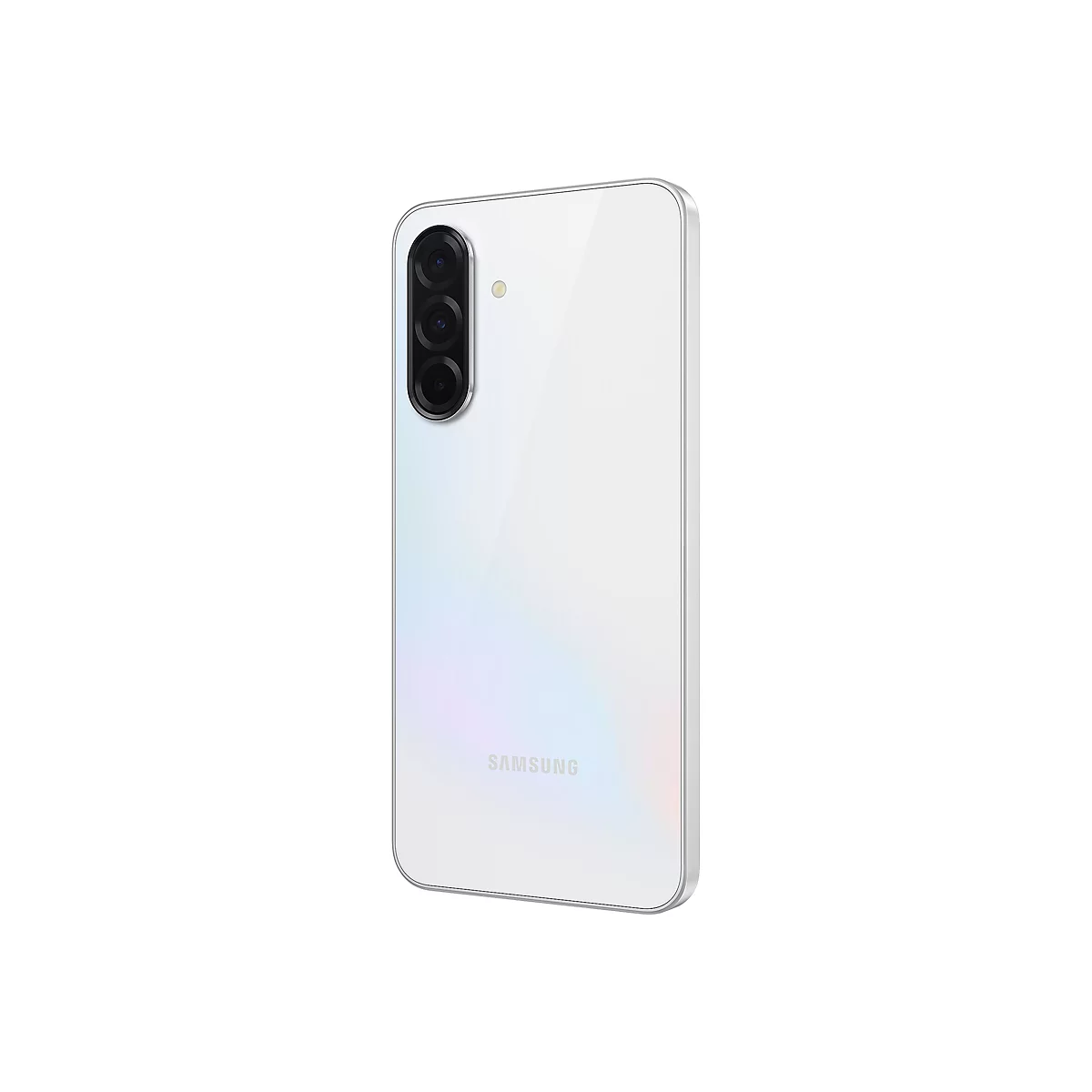 Weißes Smartphone mit drei Kameras und dem Samsung-Logo. Das Handy hat abgerundete Kanten und einen silbernen Rahmen.