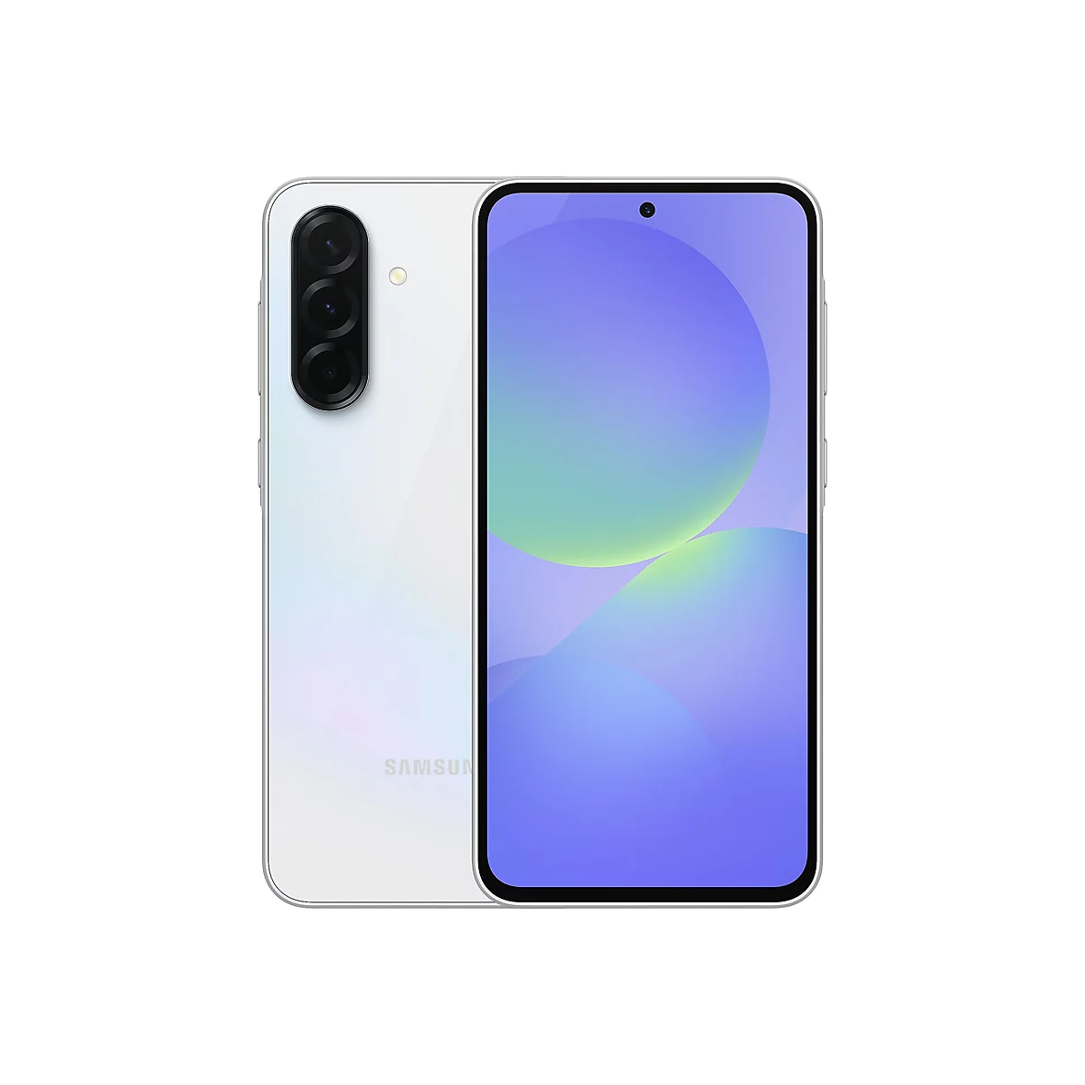 Weißes Smartphone auf weißem Hintergrund, Front und Rückseite. Auf der Rückseite befindet sich eine Kameraanordnung. Das Display zeigt eine blaue Grafik.