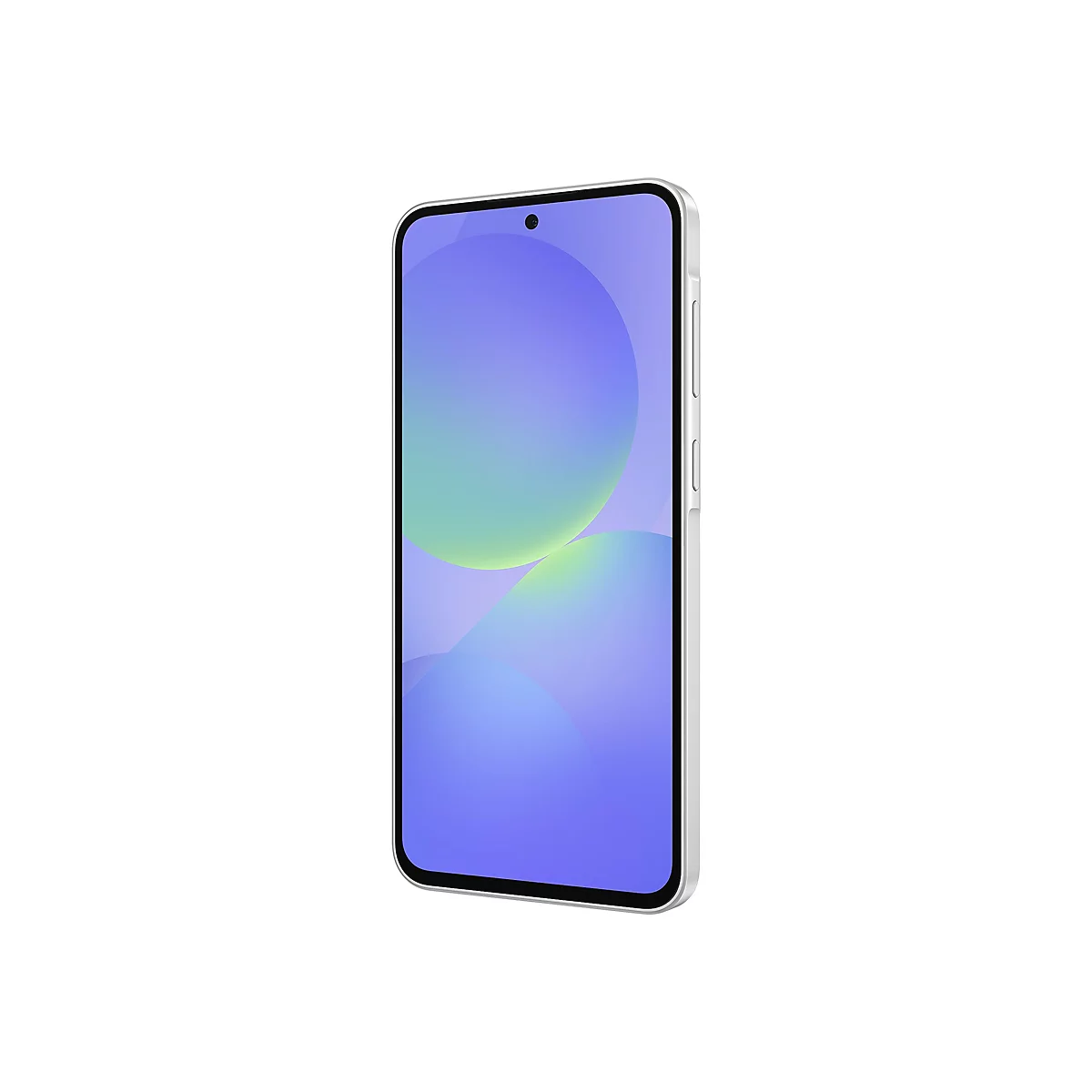Ein Smartphone mit silbernem Rahmen, das auf einem weißen Hintergrund abgebildet ist. Das Display zeigt einen Hintergrund mit blauen und grünen Formen.