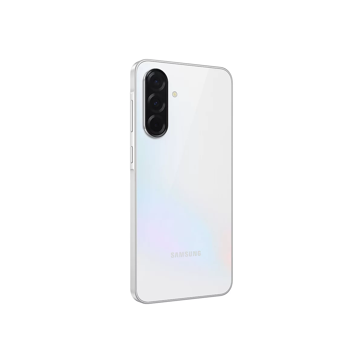 Weißes Smartphone von Samsung. Rückseite mit Kameras und Logo.
