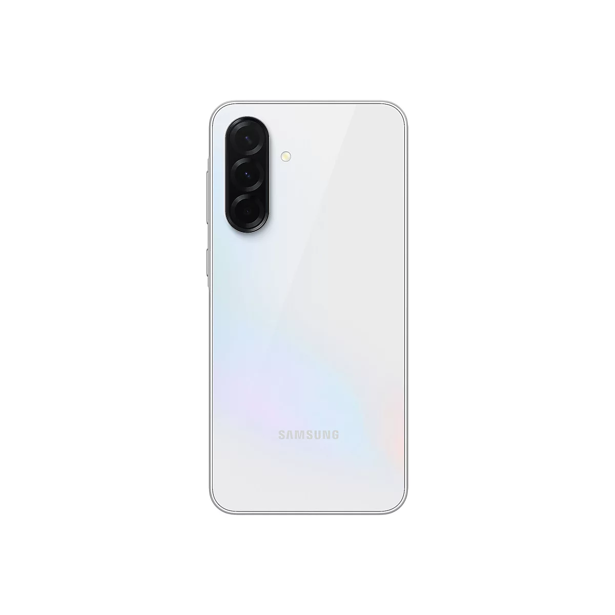 Rückansicht eines weißen Smartphones mit drei Kameras und dem Samsung-Logo.