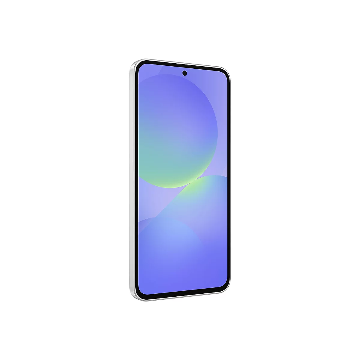Smartphone, silbernes Gehäuse, blau-grüner Bildschirm. Oben mittig eine Frontkamera, minimalistisches Design.