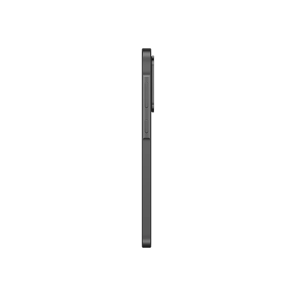 Graues Smartphone von der Seite, Tasten und Kamera sichtbar, auf weißem Hintergrund.