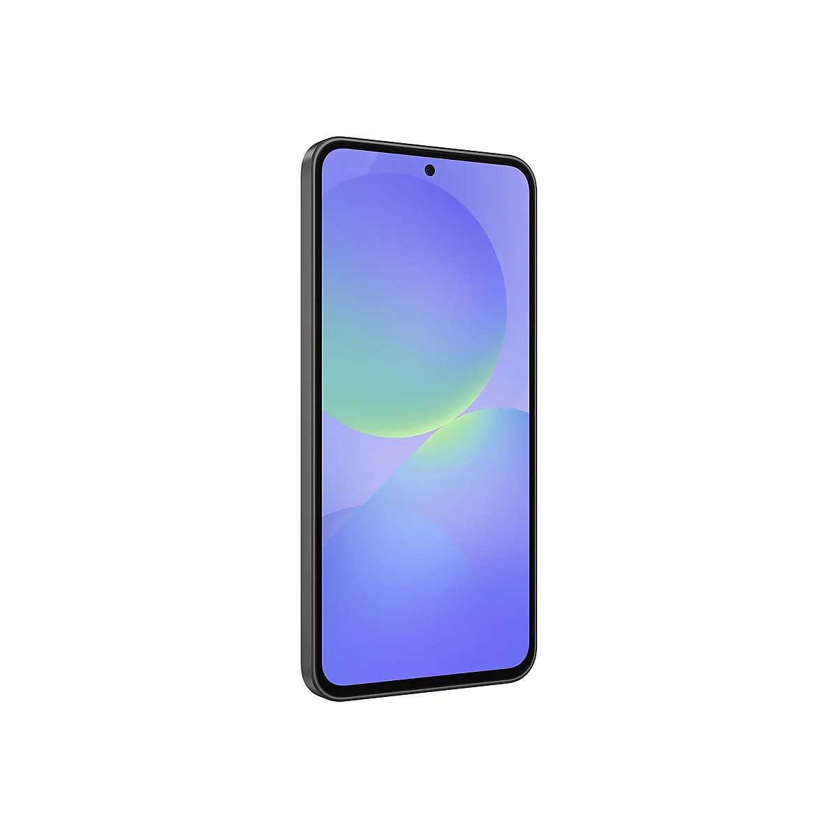 Schwarzgraues Smartphone mit blau-grünen Kreisen auf dem Display. Das Handy ist leicht geneigt und vor weißem Hintergrund abgebildet.