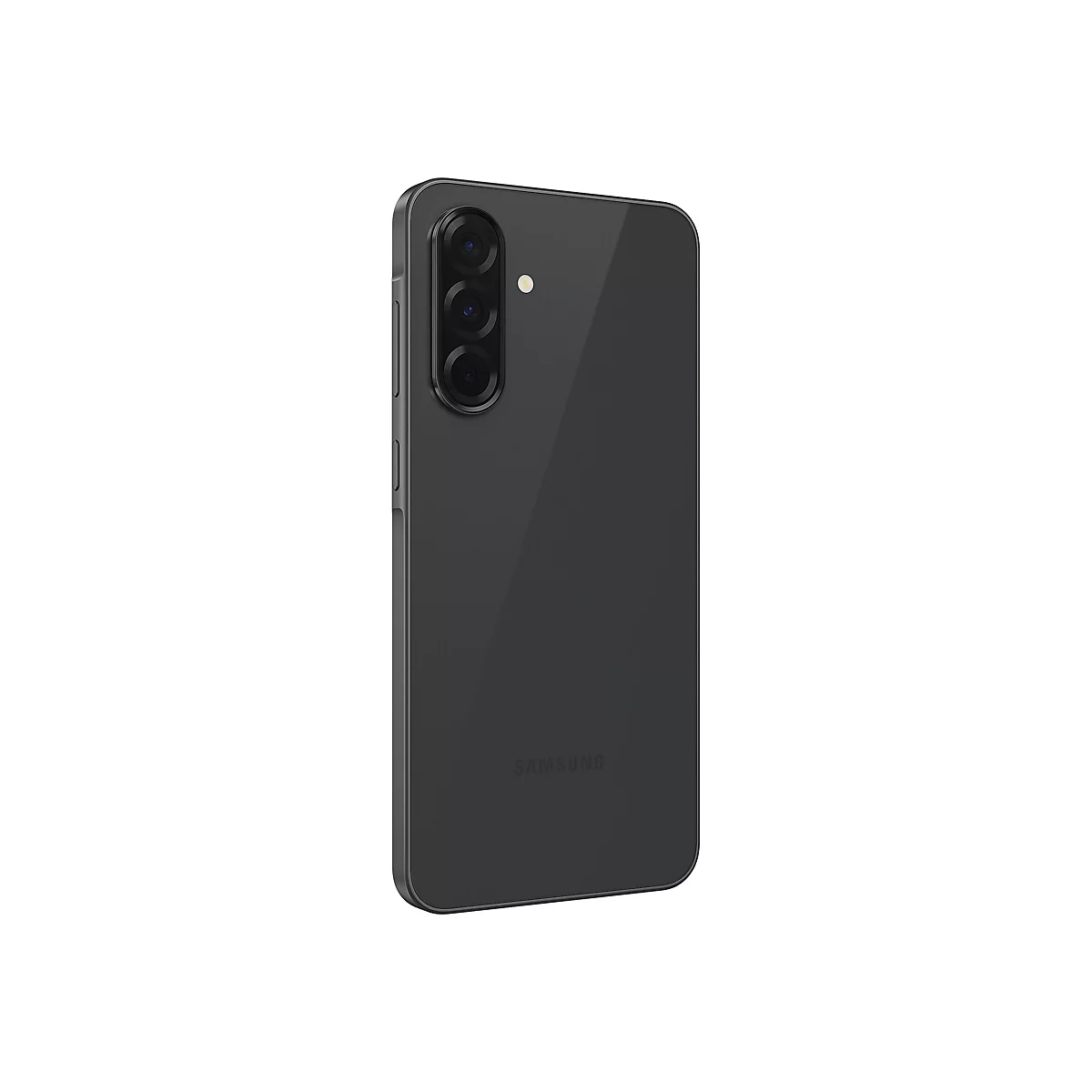 Dunkelgraues Smartphone von hinten, Kamera mit drei Linsen. Samsung-Logo.