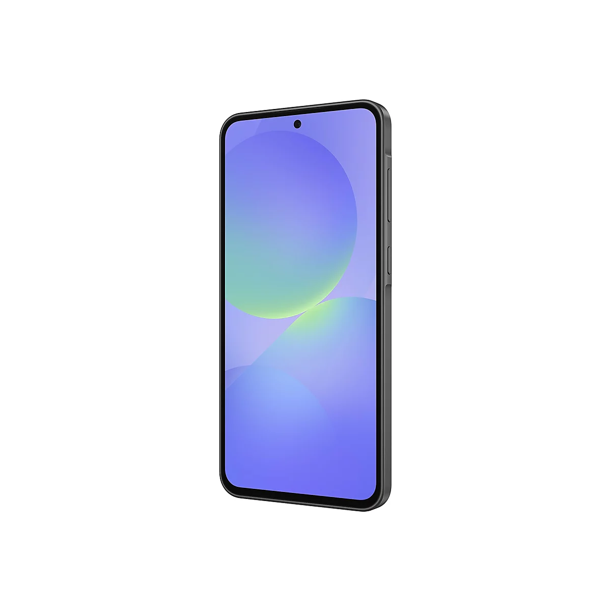 Smartphone mit schwarzem Rahmen, Display mit blau-grünen Kreisen vor weißem Hintergrund.