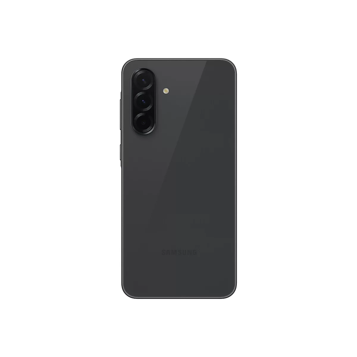 Graues Smartphone, Rückseite, mit drei Kameralinsen und Samsung-Logo.