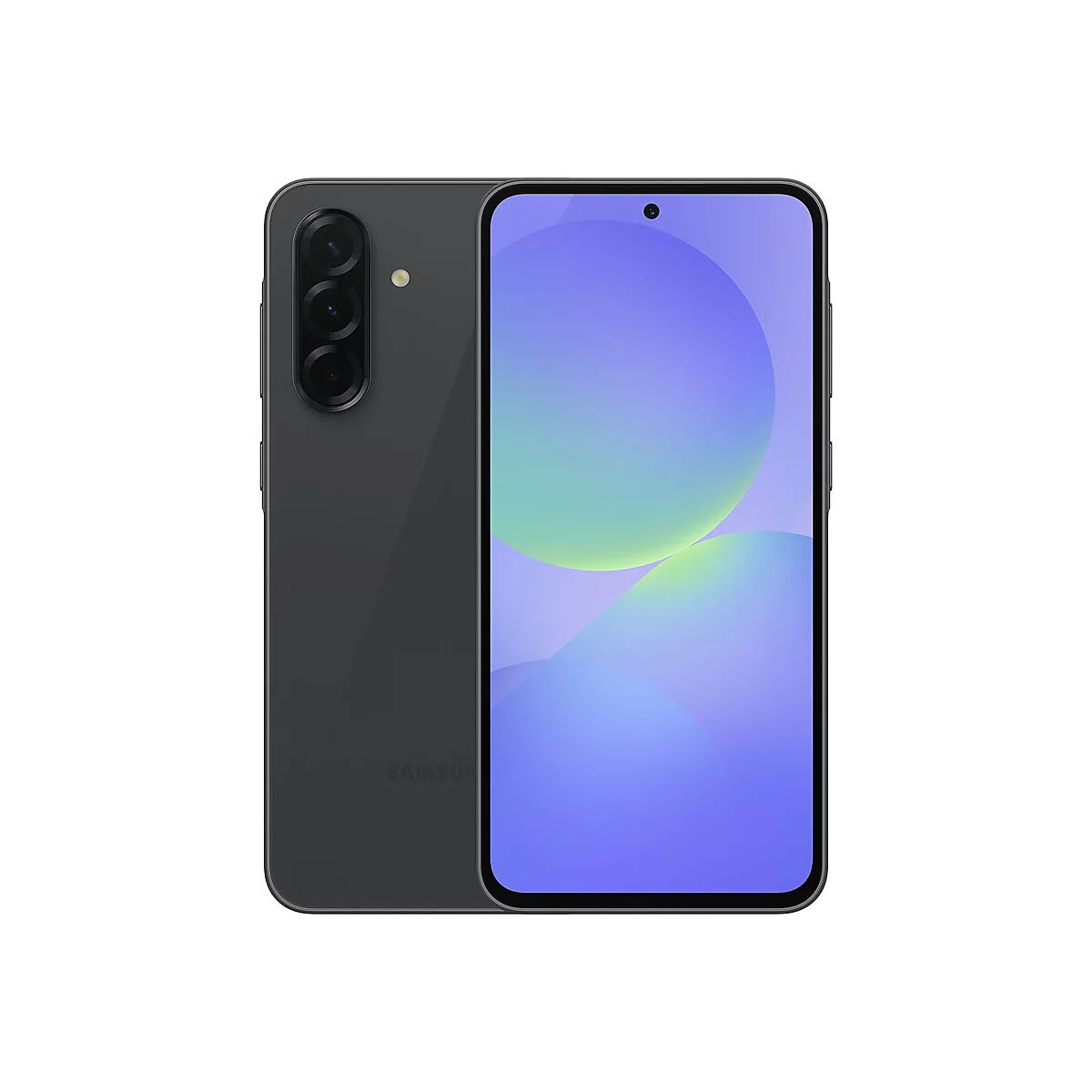 Dunkelgraues Smartphone. Rückseite mit Kameras, Display mit Grafik. Auf dem Display ist ein Farbverlauf zu sehen.