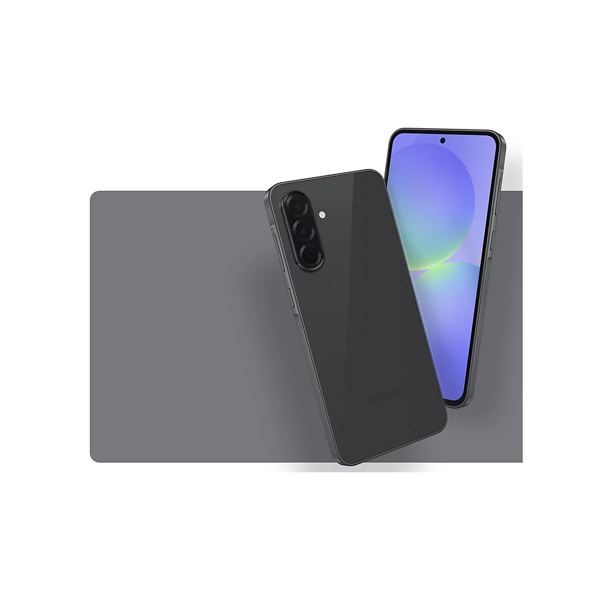 Dunkelgraues Smartphone, Rückseite und Displayansicht. Kamera auf der Rückseite, Schriftzug Samsung, Display mit grünlichen Kreisen.