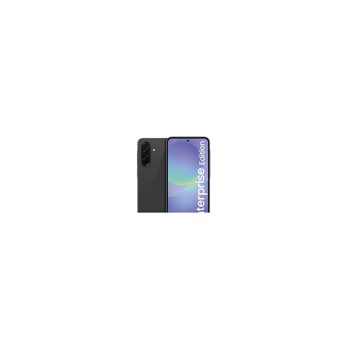 Dunkelgraues Smartphone, Vorder- und Rückseite sichtbar. Auf dem Display steht "Enterprise Edition".