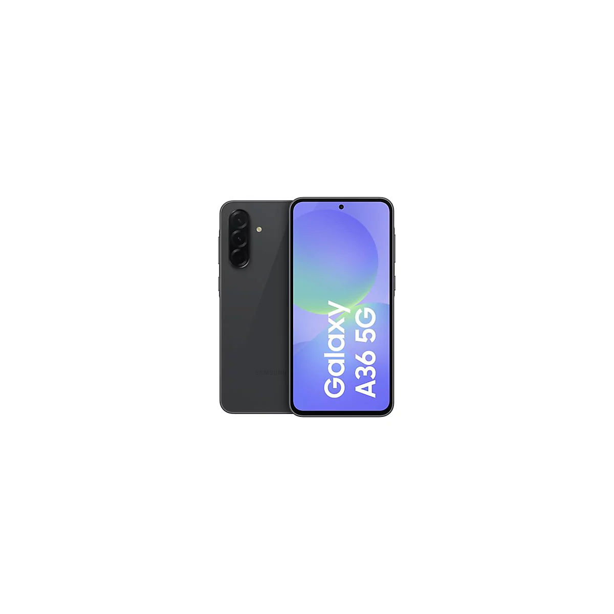 Dunkelgraues Smartphone, Vorder- und Rückseite. Auf dem Bildschirm steht "Galaxy A36 5G".