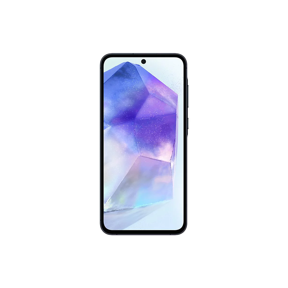 Smartphone, schwarzer Rand, Bildschirm mit blau-lila Kristallmuster. Kleiner, schwarzer Punkt oben.