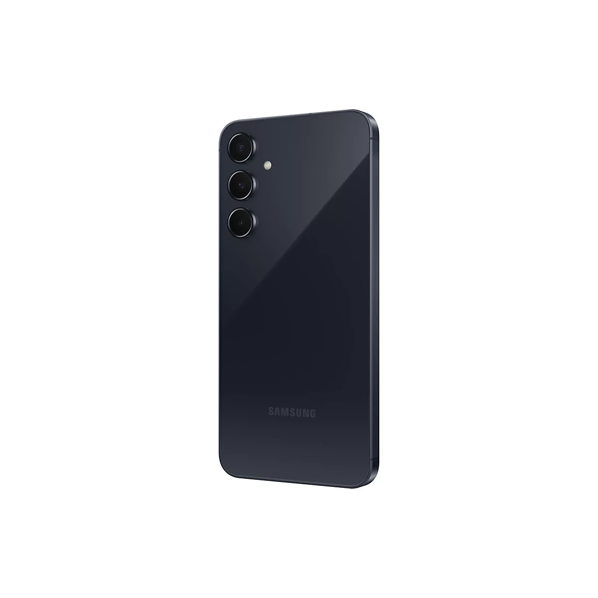 Dunkelblaues Smartphone-RÃ¼ckseite, drei Kameraobjektive, das Samsung-Logo.