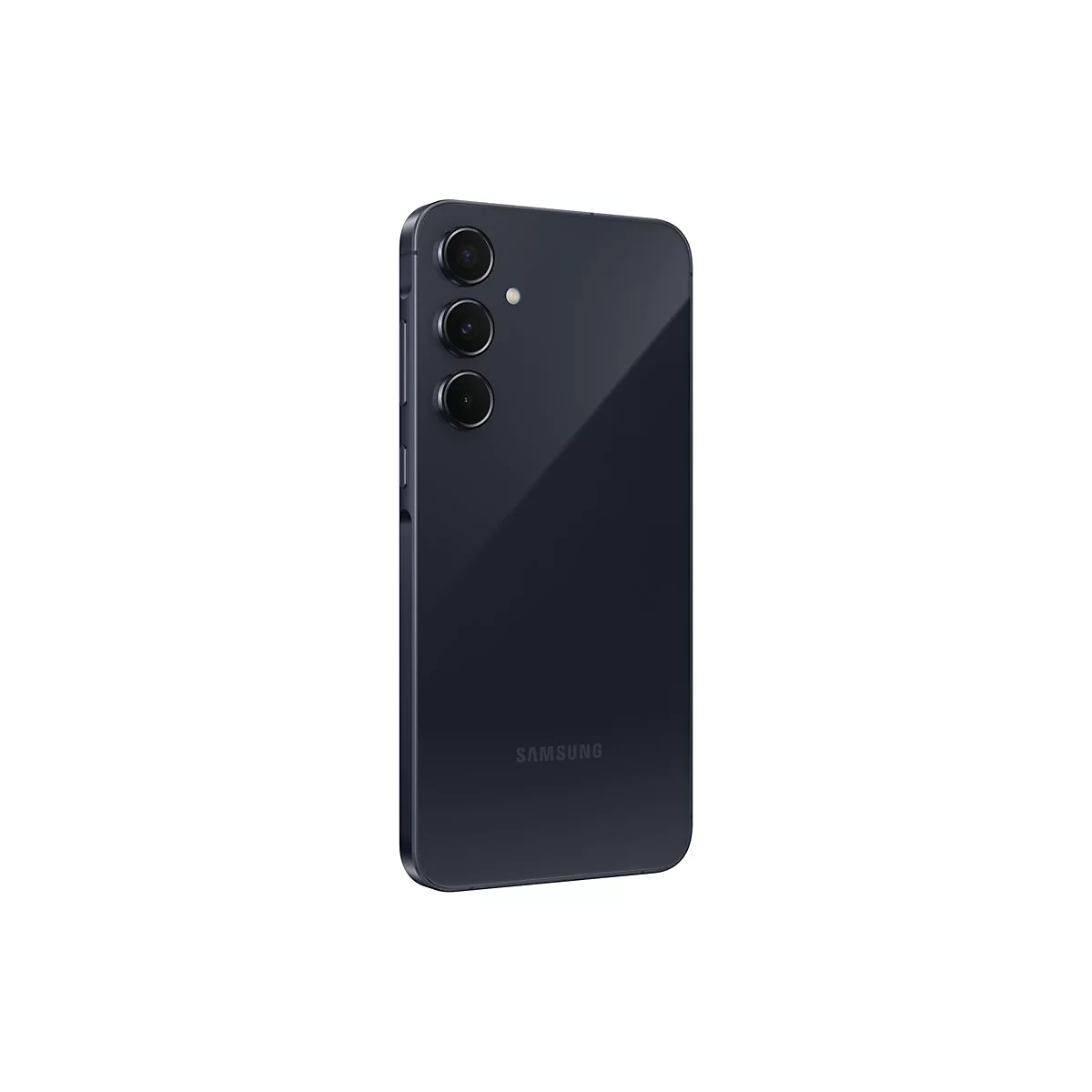 Dunkelblaues Smartphone mit drei Objektiven, Samsung Logo, auf weiÃŸem Hintergrund.