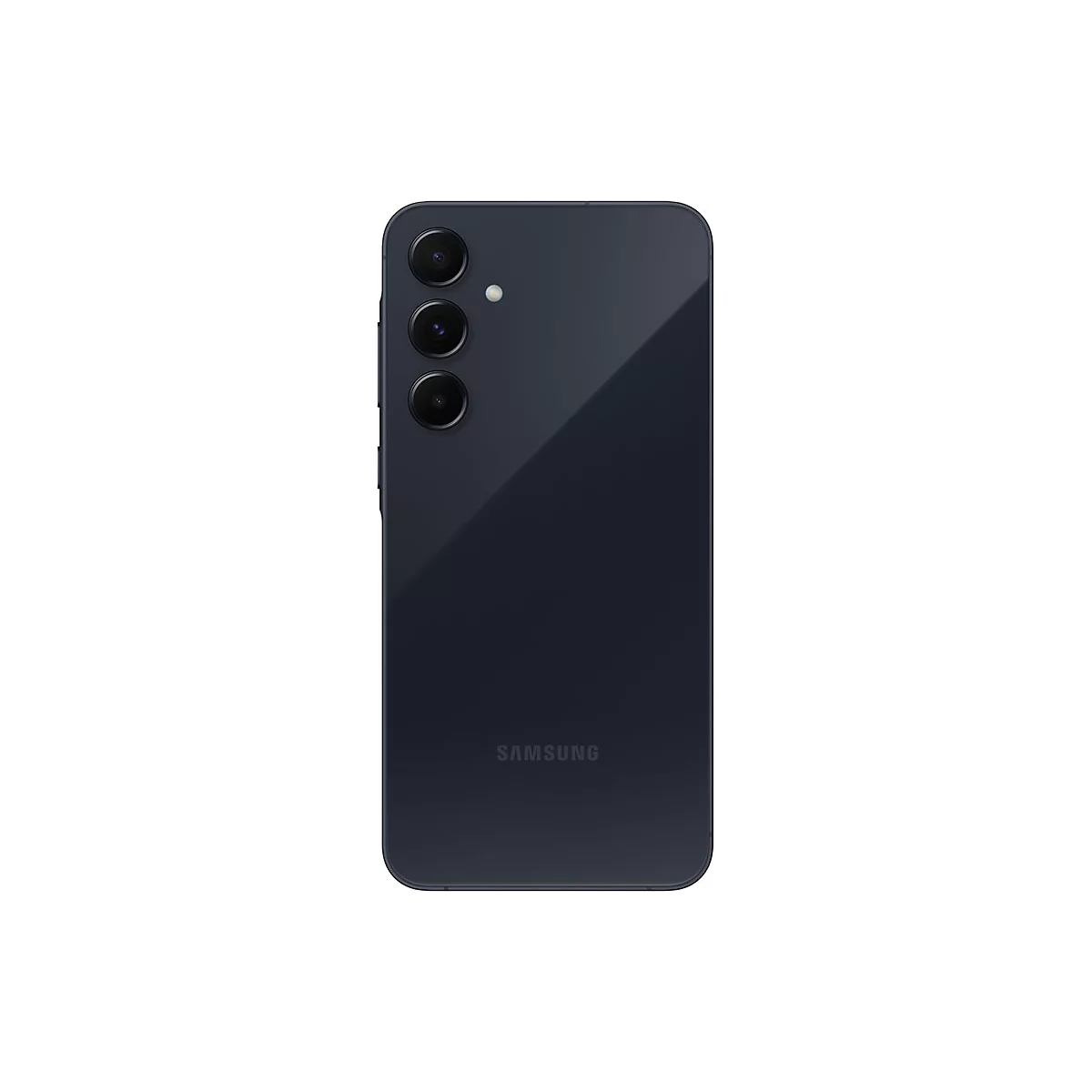 Dunkelblaues Smartphone, RÃ¼ckseite, drei Kameras, Samsung-Logo.