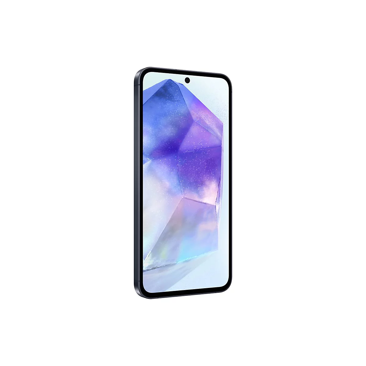 Ein schwarzes Smartphone, das leicht geneigt auf einem weiÃŸen Hintergrund steht. Auf dem Bildschirm ist ein geometrisches Muster zu sehen.