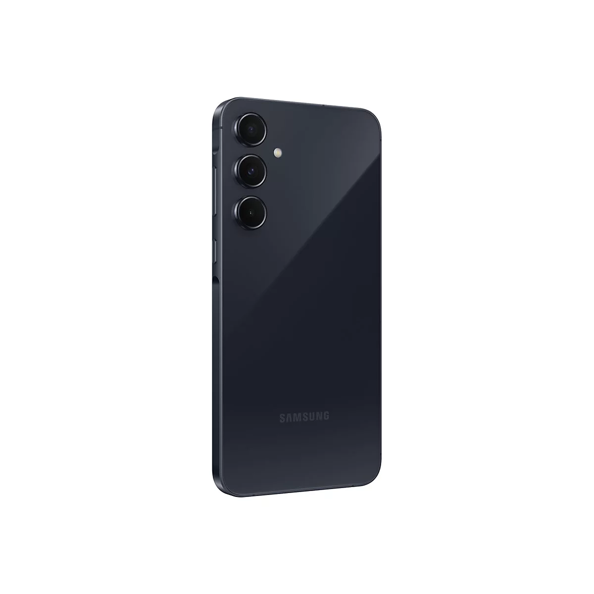 Dunkelblaues Smartphone, RÃ¼ckseite mit Kameramodulen und Samsung-Logo.