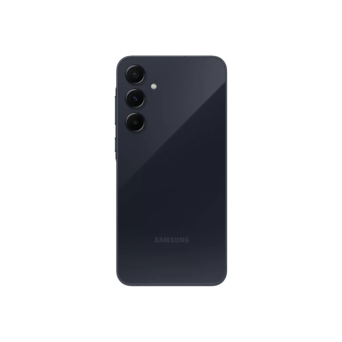 Dunkelblaues Smartphone, RÃ¼ckseite. Oben drei Kameraobjektive, darunter das Samsung-Logo.