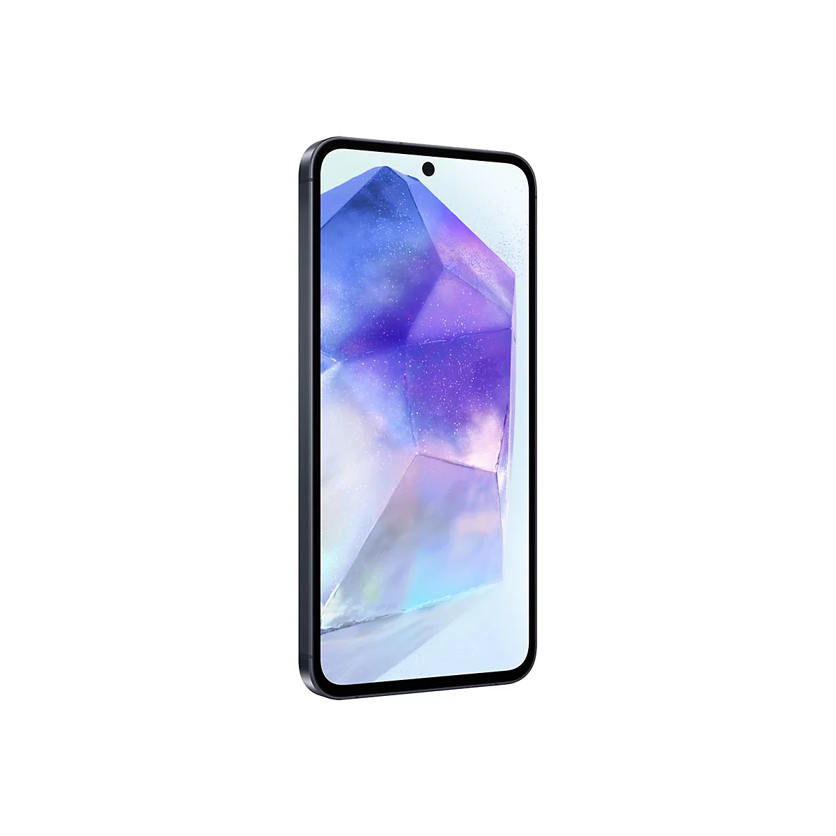 Ein Smartphone mit schwarzen Rahmen, das Display zeigt ein abstraktes, kristallartiges Muster. WeiÃŸer Hintergrund.