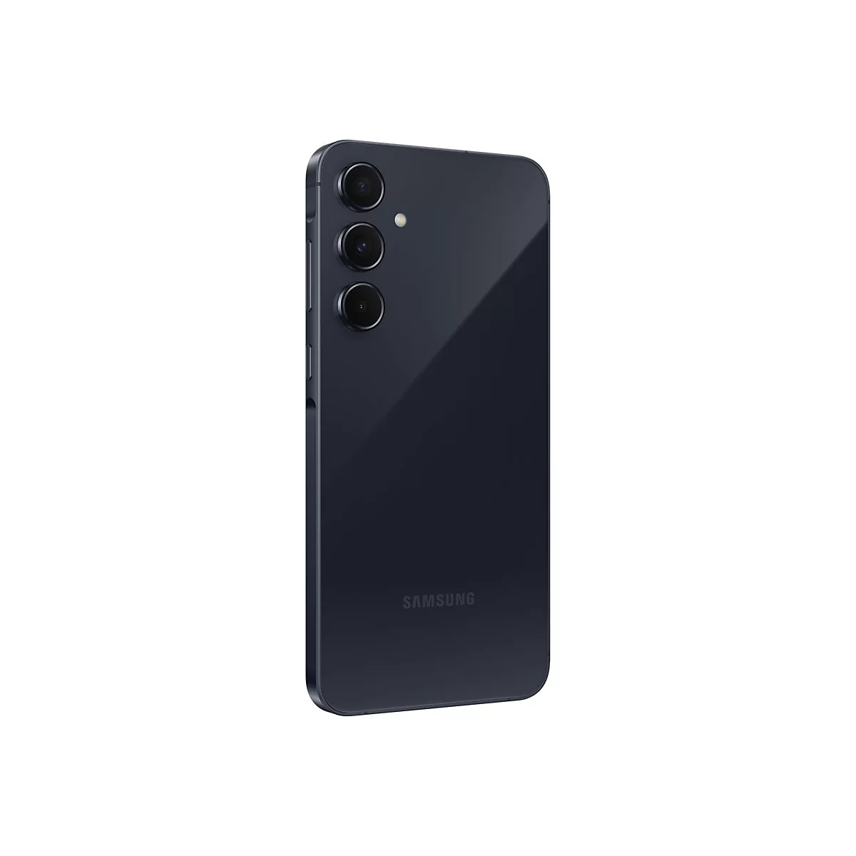 Dunkelblaues Smartphone von hinten. Oben links Kamera-Elemente. Samsung Schriftzug unten.