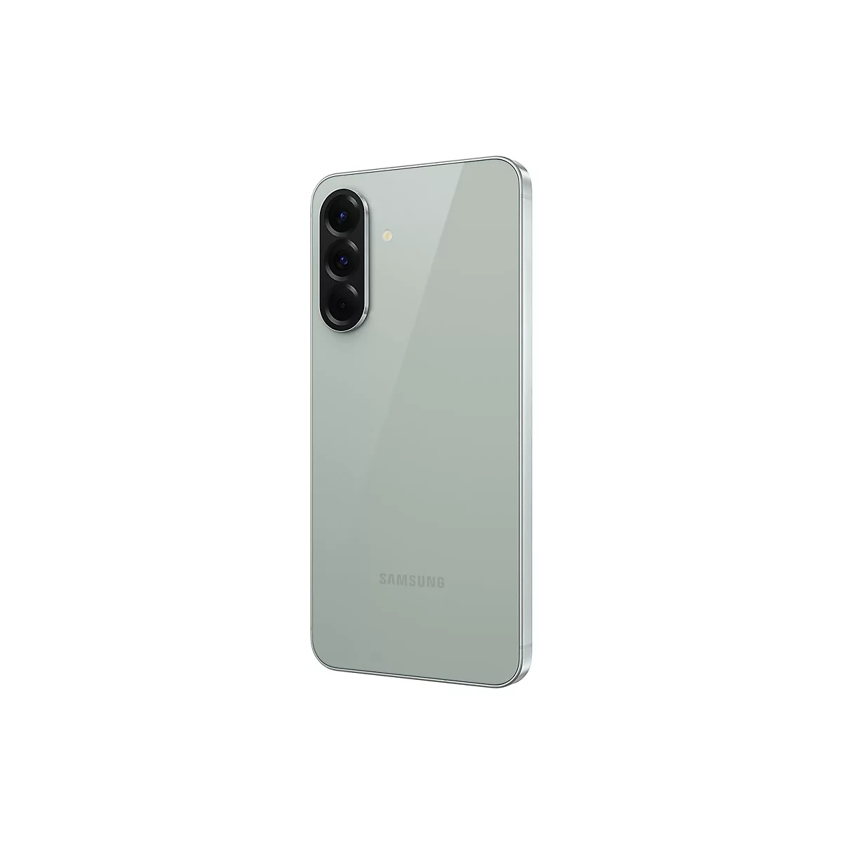 Hellgrünes Smartphone von hinten. Drei Kameraobjektive vertikal, Blitz oben.
