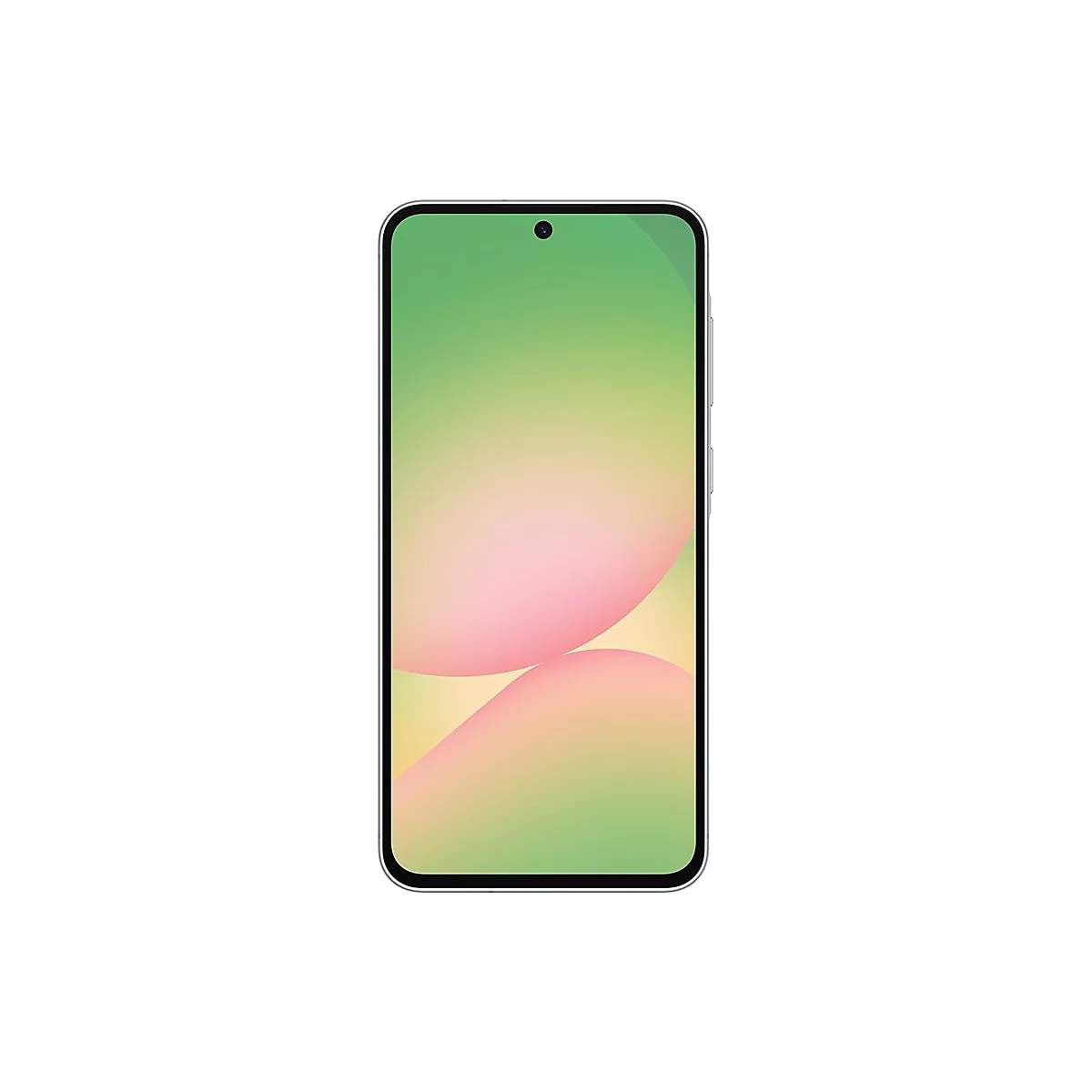 Ein Smartphone mit grün-rosa Farbverlauf auf dem Display, auf weißem Hintergrund. Das Telefon hat silberne Ränder und eine Kamera.