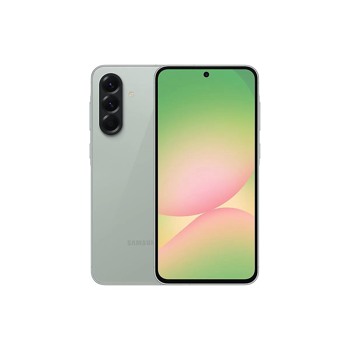 Hellgrünes Smartphone, Rückseite mit drei Kameras, Display zeigt bunte Formen.