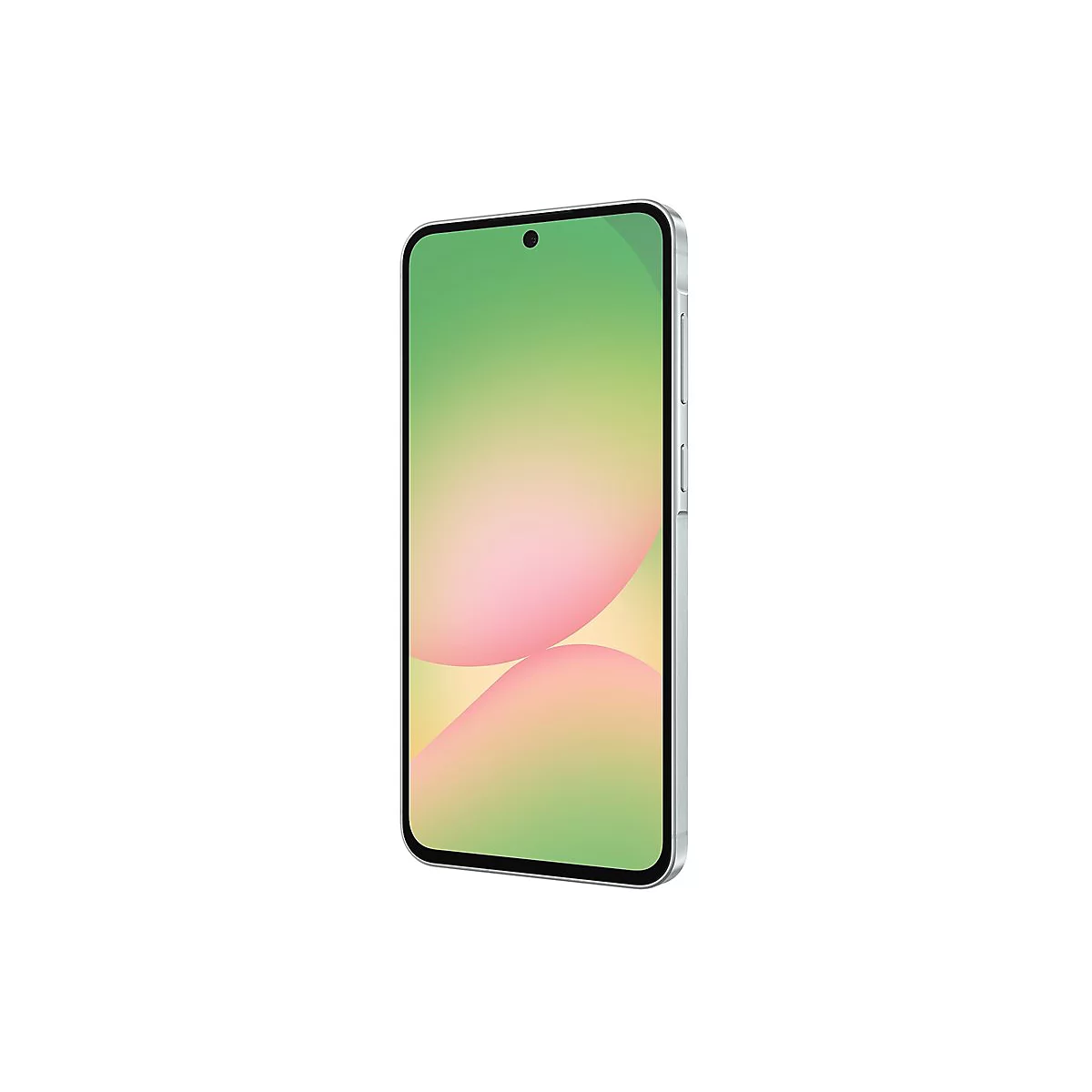 Smartphone mit hellgrünen und rosa Farbverlauf auf dem Bildschirm, silberner Rahmen.