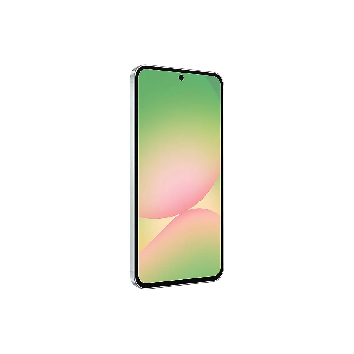 Smartphone mit silbernem Rahmen und farbigem Bildschirm auf weißem Hintergrund.