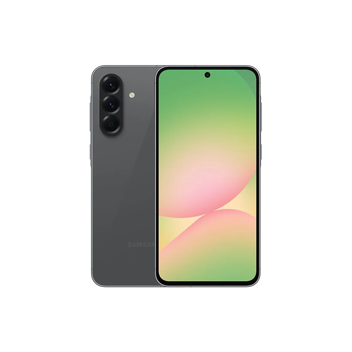 Dunkelgraues Smartphone, Vorder- und Rückseite sichtbar. Auf dem Bildschirm Farbverlauf in Gelb- und Rosatönen.