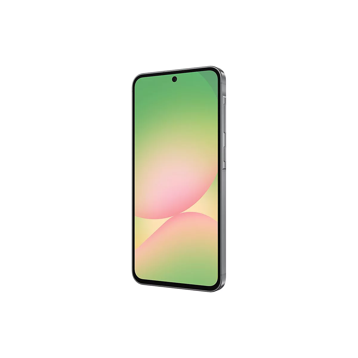 Smartphone im Profil, mit grünem und rosafarbenem Bildschirmhintergrund, auf weißem Hintergrund.