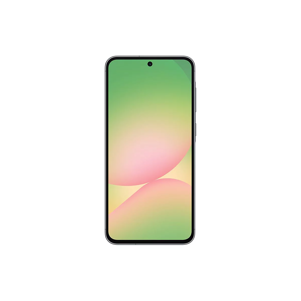 Dunkelgraues Smartphone mit großem Bildschirm, der einen farbigen Hintergrund zeigt.