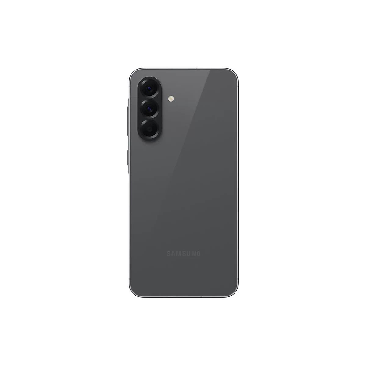 Dunkelgraues Smartphone mit drei Kameras vertikal angeordnet auf weißem Hintergrund.