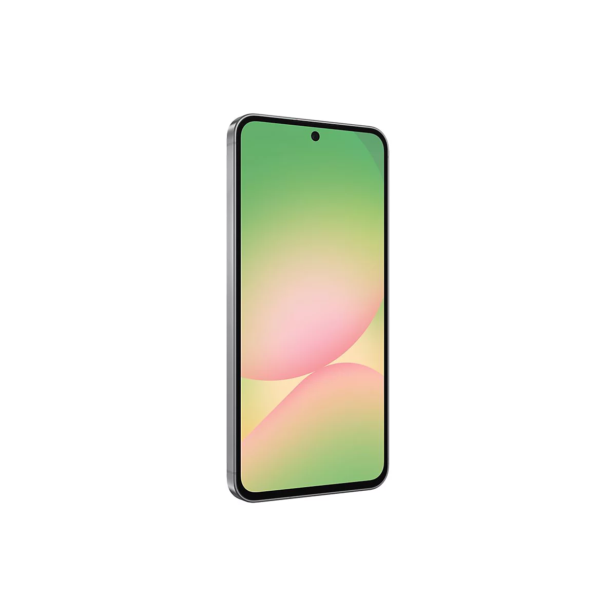 Smartphone mit grün-rosa Bildschirm, silbernem Rahmen, vor weißem Hintergrund.