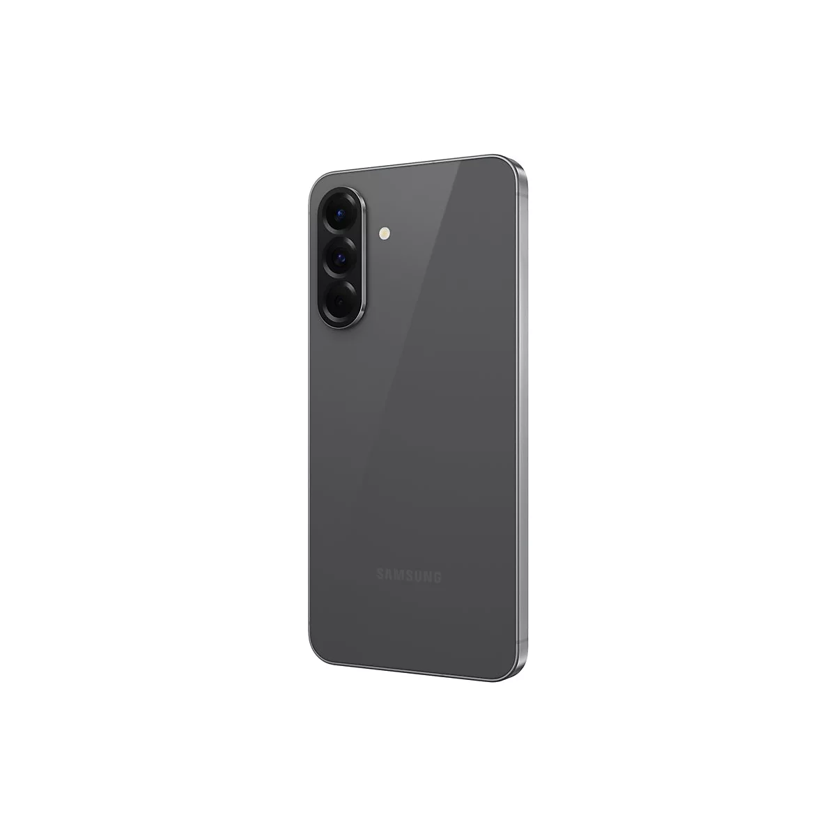 Graues Smartphone mit drei Kameras auf der Rückseite. Auf weißem Hintergrund dargestellt.
