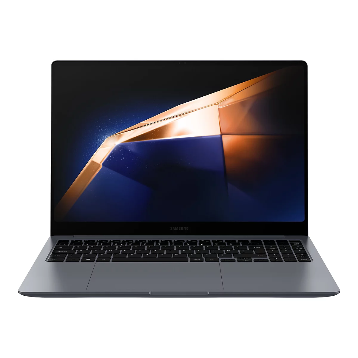 Grauer Laptop mit beleuchtetem Display. Die Tastatur ist gut sichtbar, das Samsung-Logo ist zu sehen.
