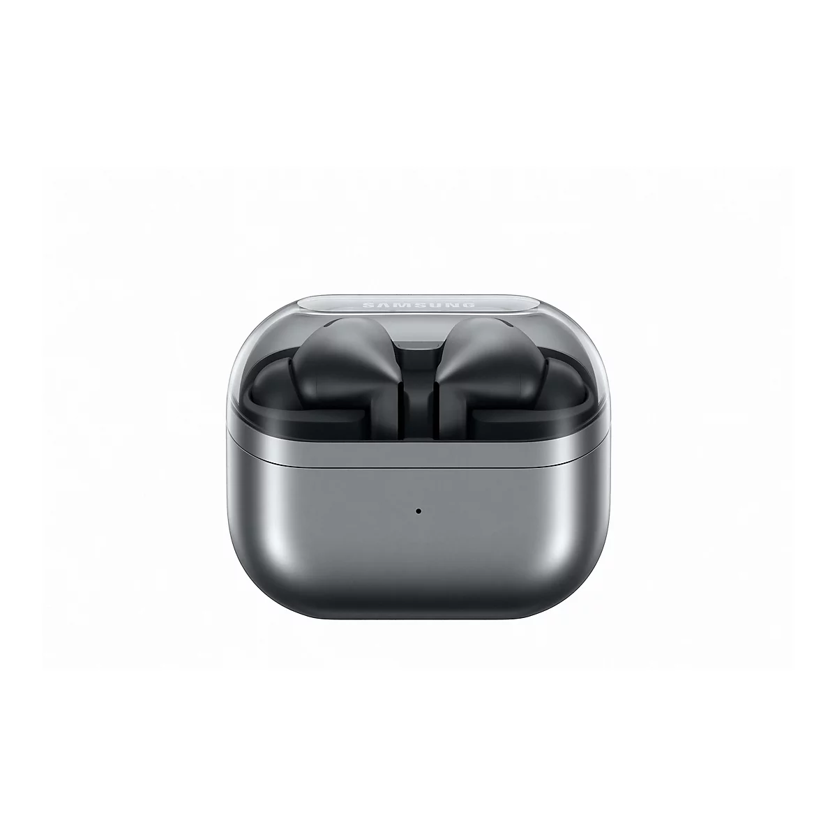Graue Samsung Galaxy Buds im Ladecase, teilweise transparentes Oberteil.