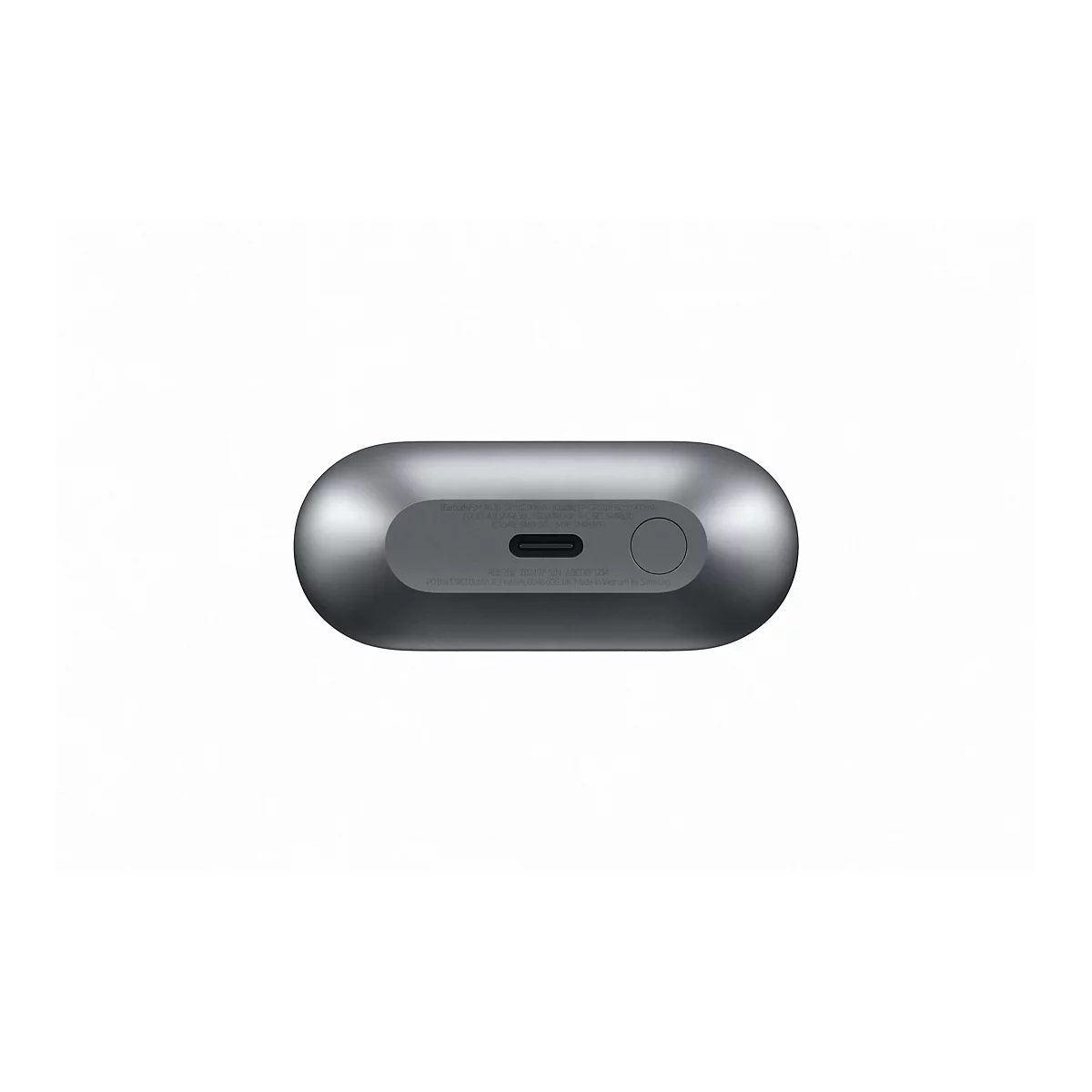 Graues Ladecase mit USB-C-Anschluss und rundem Knopf auf weiÃŸem Hintergrund.