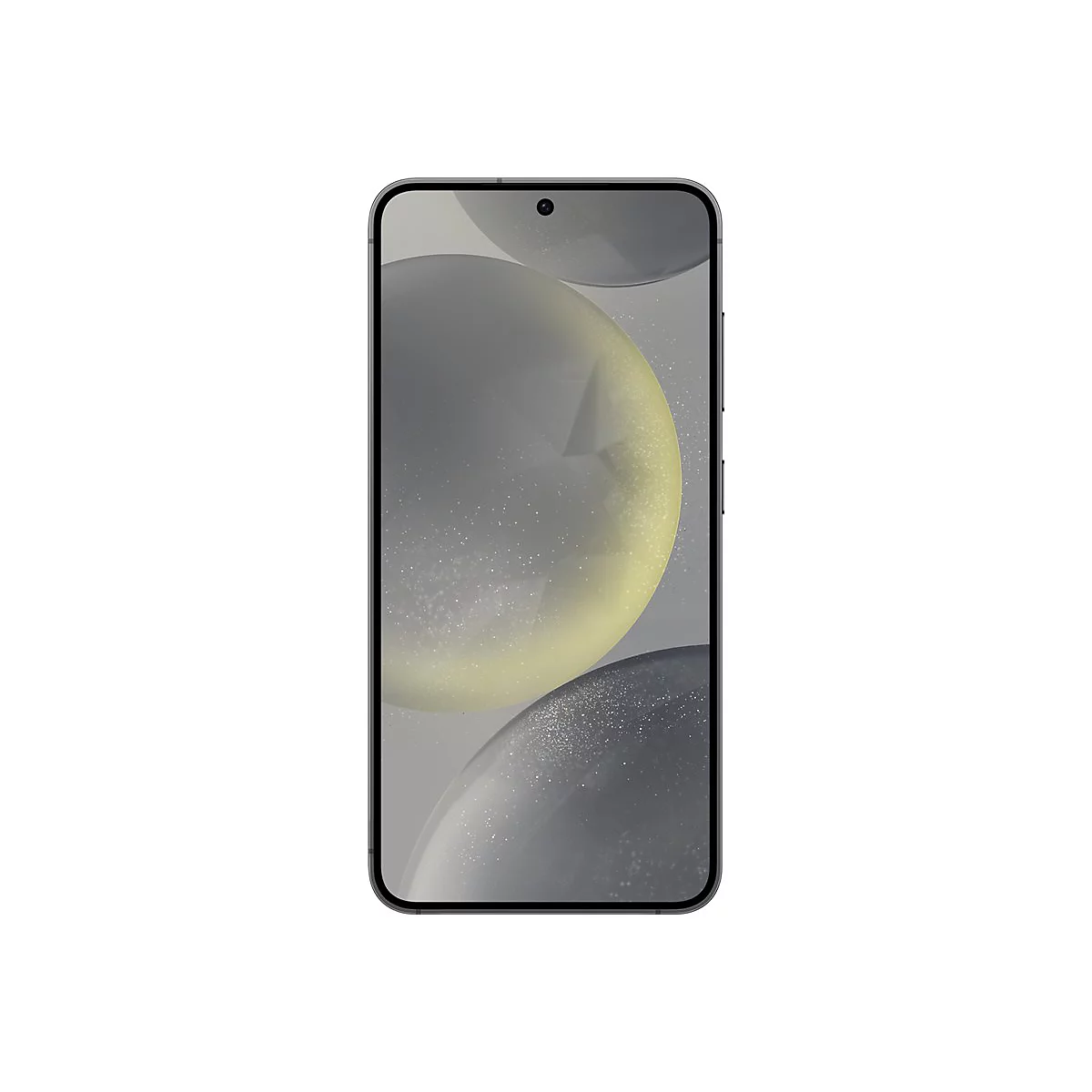 Smartphone mit abgerundeten Ecken, schwarzem Rahmen und groÃŸem Bildschirm, der eine abstrakte Grafik zeigt.