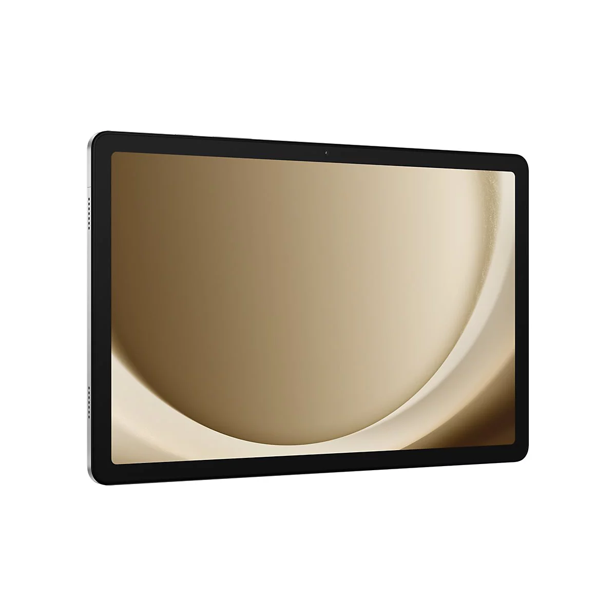 Ein Tablet mit schwarzem Rahmen vor goldenem Hintergrund.