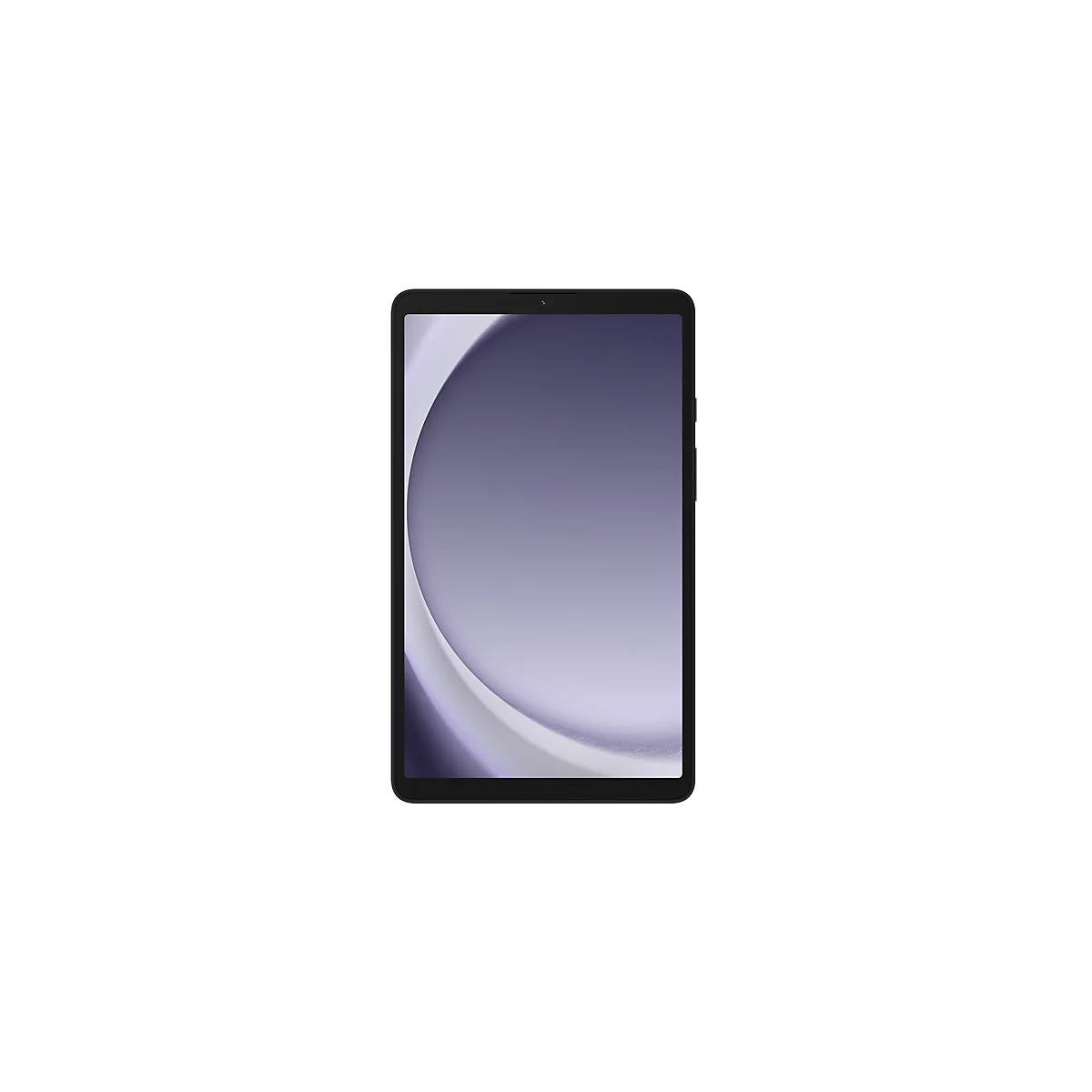 Ein schwarzes Tablet mit abgerundeten Ecken. Der Bildschirm zeigt eine violette Grafik auf weißem Hintergrund. Oben mittig befindet sich eine Frontkamera.