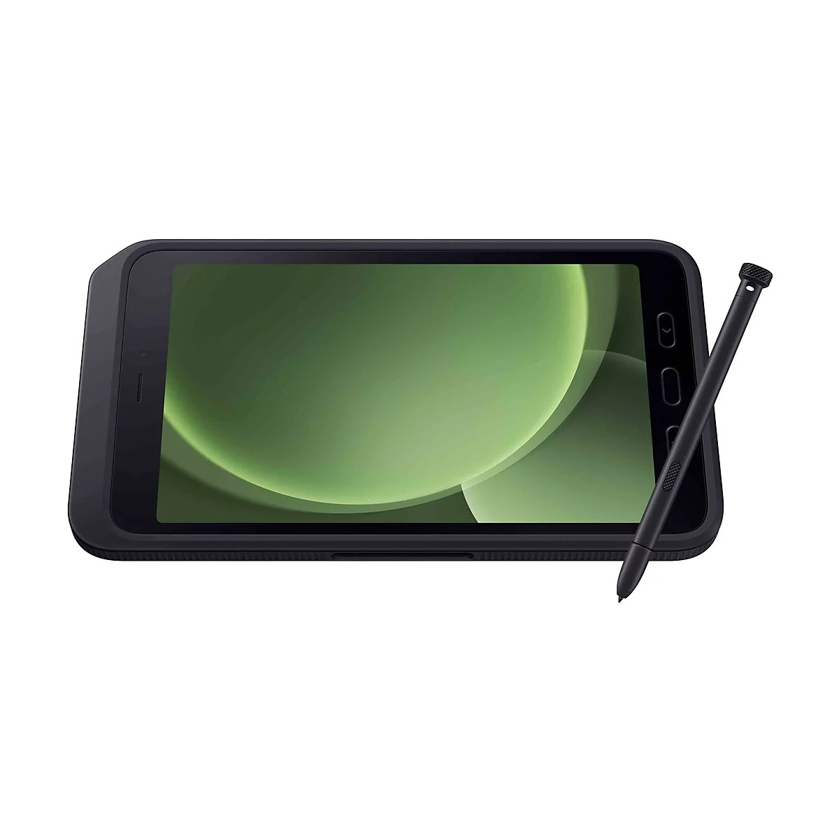 Dunkelgraues Tablet mit grÃ¼nem Bildschirm und Stift. Das Tablet liegt horizontal. Der Stift zeigt nach unten.