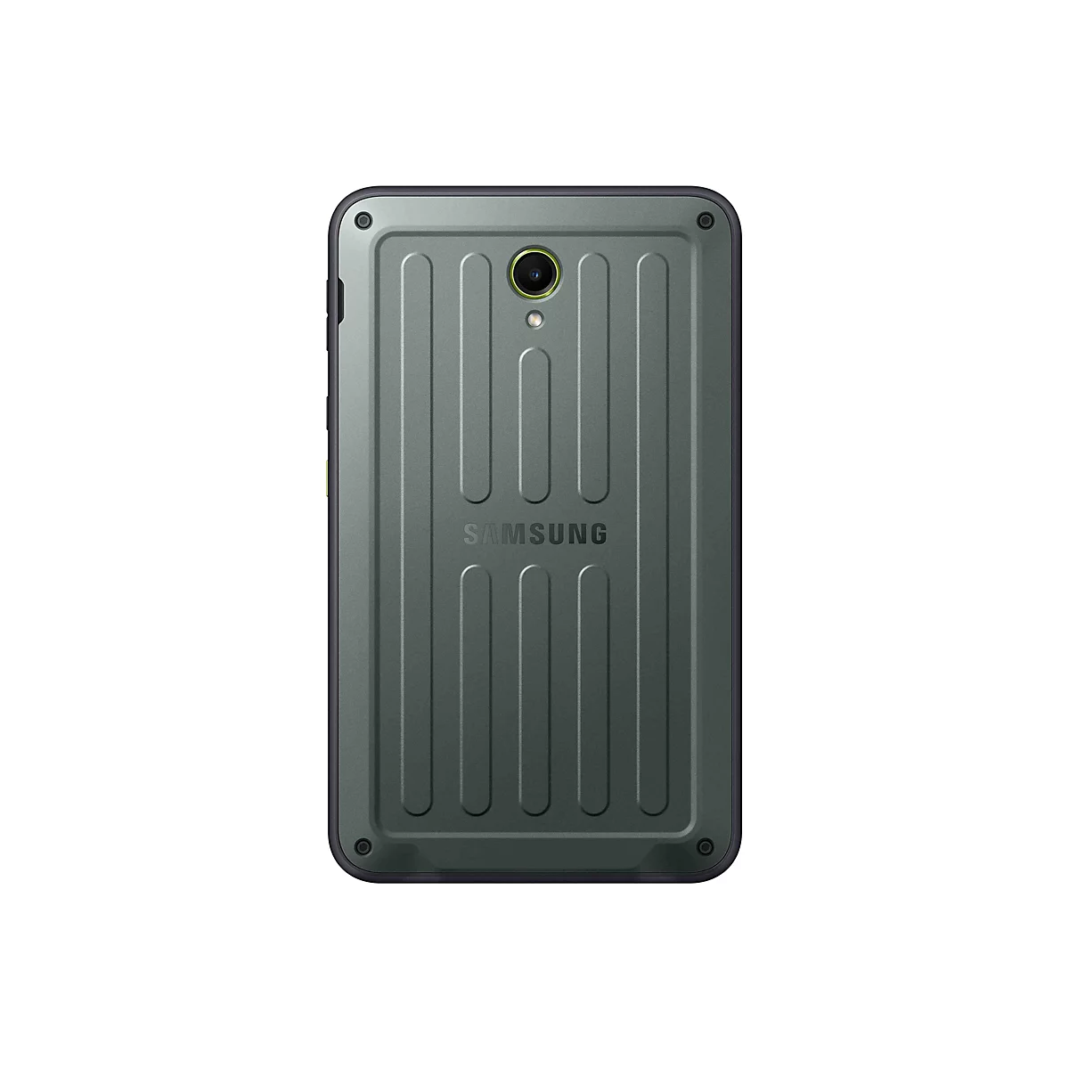 Dunkelgraues Samsung Tablet mit Rillen und Kamera auf der RÃ¼ckseite.