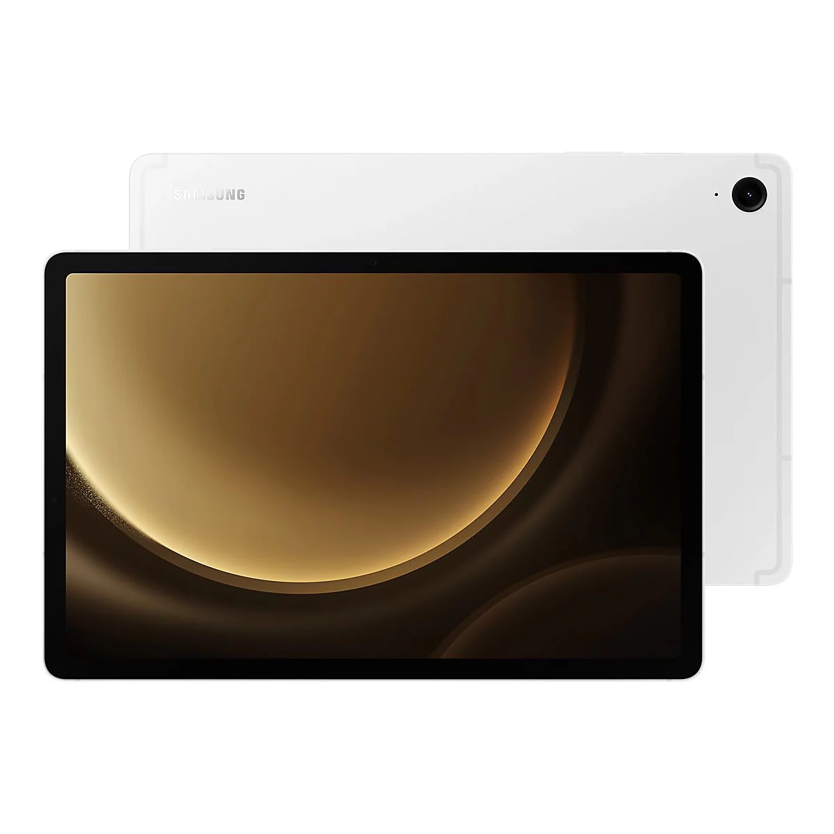 WeiÃŸes Tablet, Display mit goldenem Hintergrund, dahinter liegt ein weiteres Tablet.